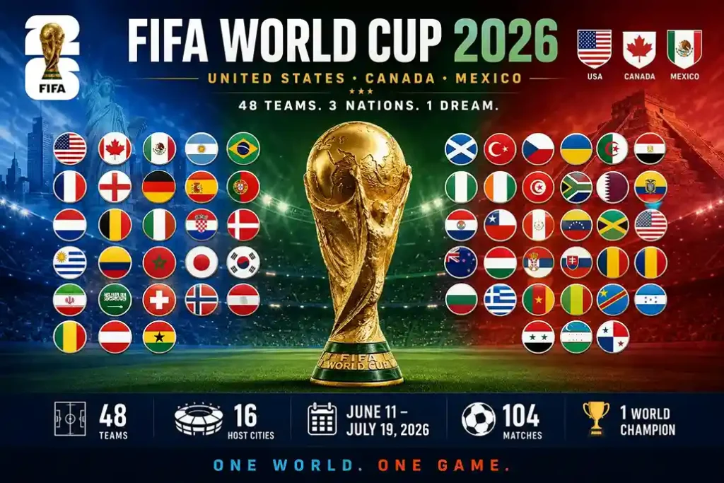FIFA World Cup 2026 complete guide featuring qualified teams, match schedule, host cities, stadiums, and the official World Cup trophy