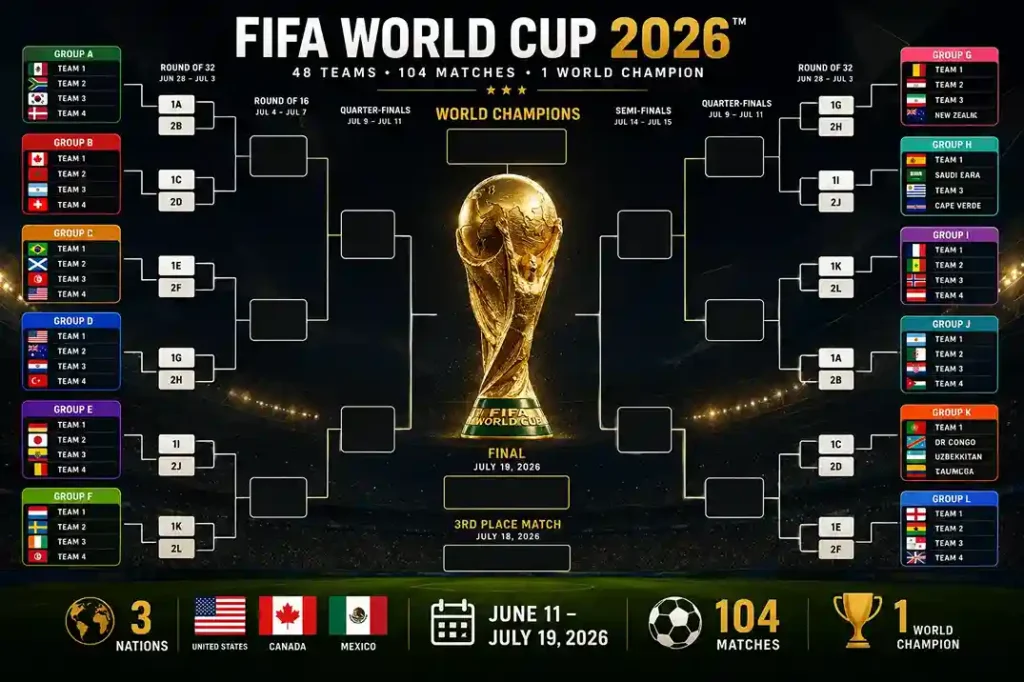 FIFA World Cup 2026 complete guide featuring qualified teams, match schedule, host cities, stadiums, and the official World Cup trophy