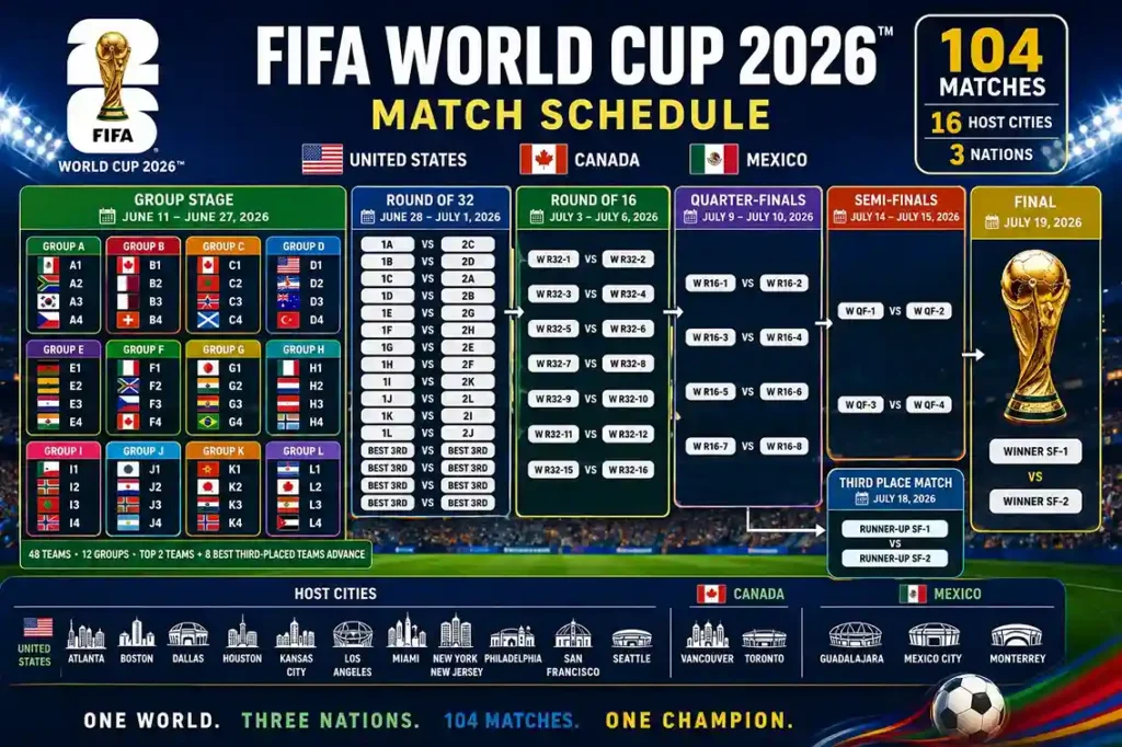 FIFA World Cup 2026 complete guide featuring qualified teams, match schedule, host cities, stadiums, and the official World Cup trophy
