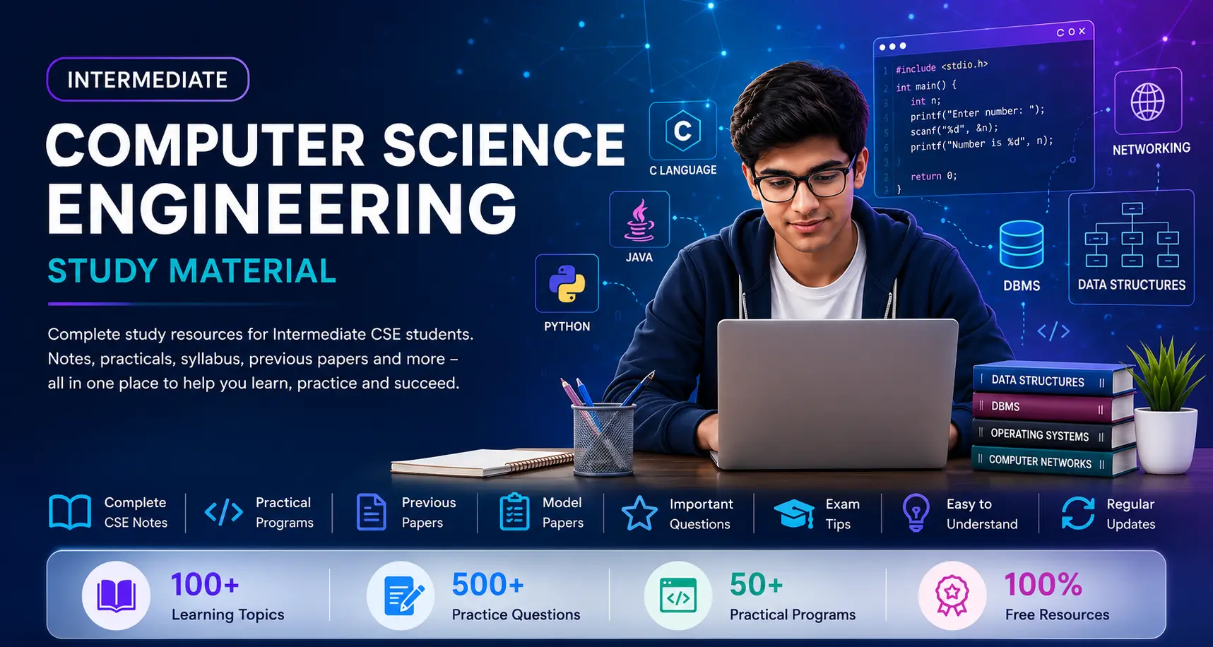 Intermediate Computer Science Engineering study material with student learning programming, C language, Java, Python, DBMS, Data Structures, and Networking.