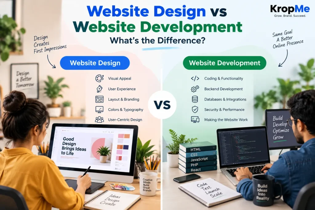 Website design vs website development comparison showing designer and developer roles