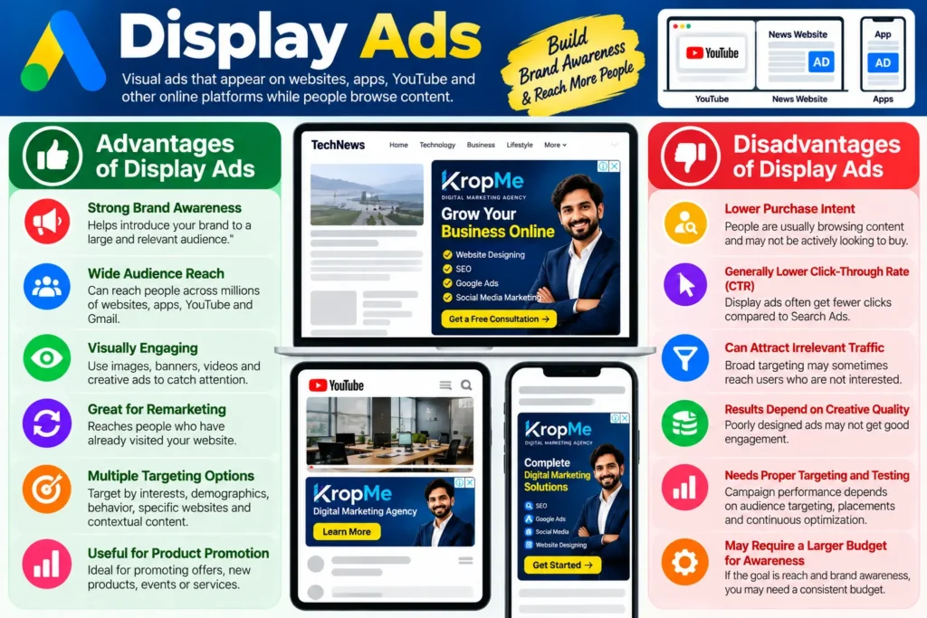 Search Ads vs Display Ads comparison showing Google Search and Display advertising