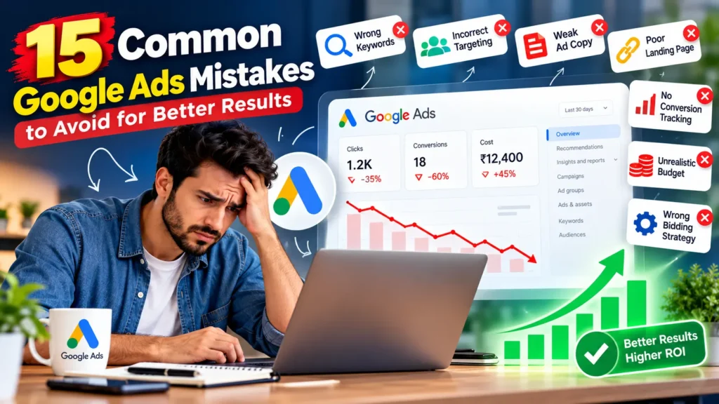 15 common Google Ads mistakes to avoid, including wrong keywords, poor targeting, weak ad copy, missing conversion tracking, and wasted advertising budget.