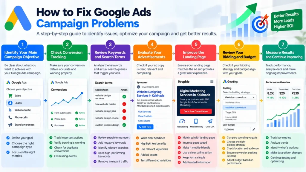 Google Ads Optimization Roadmap 15 common Google Ads mistakes to avoid, including wrong keywords, poor targeting, weak ad copy, missing conversion tracking, and wasted advertising budget.