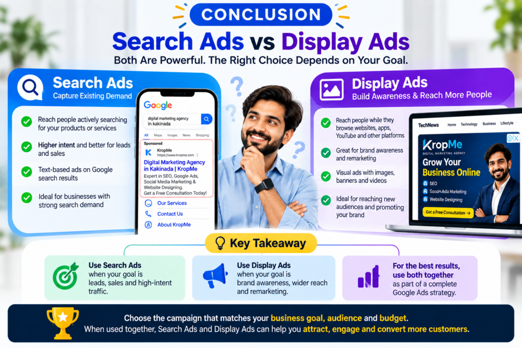 Search Ads vs Display Ads comparison showing Google Search and Display advertising