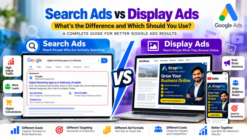 Search Ads vs Display Ads comparison showing Google Search and Display advertising