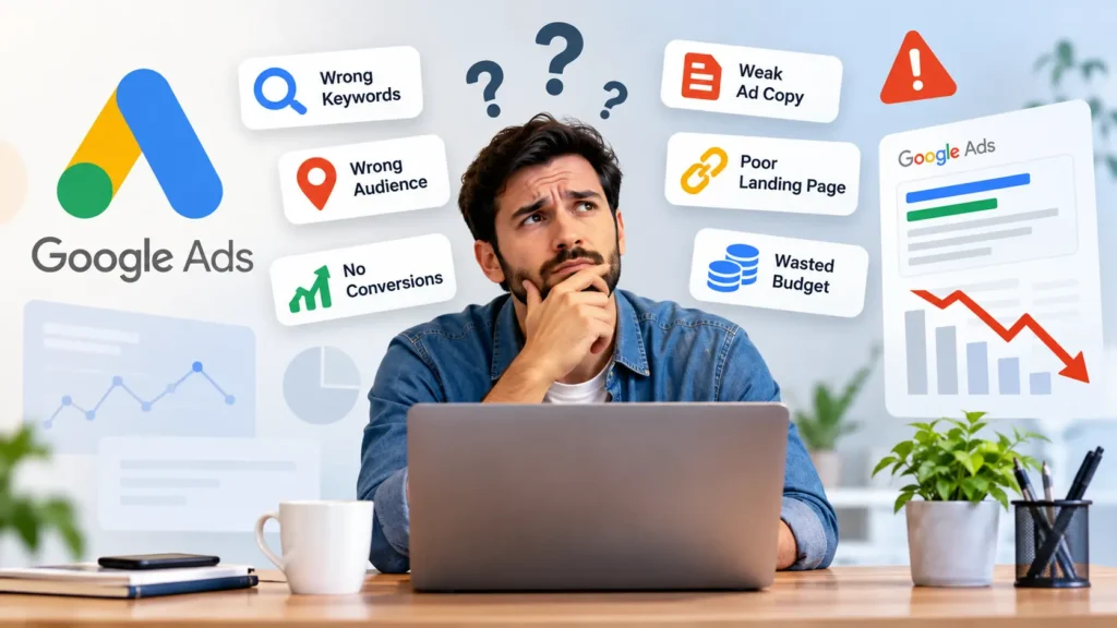 Why Google Ads Campaigns Fail 15 common Google Ads mistakes to avoid, including wrong keywords, poor targeting, weak ad copy, missing conversion tracking, and wasted advertising budget.